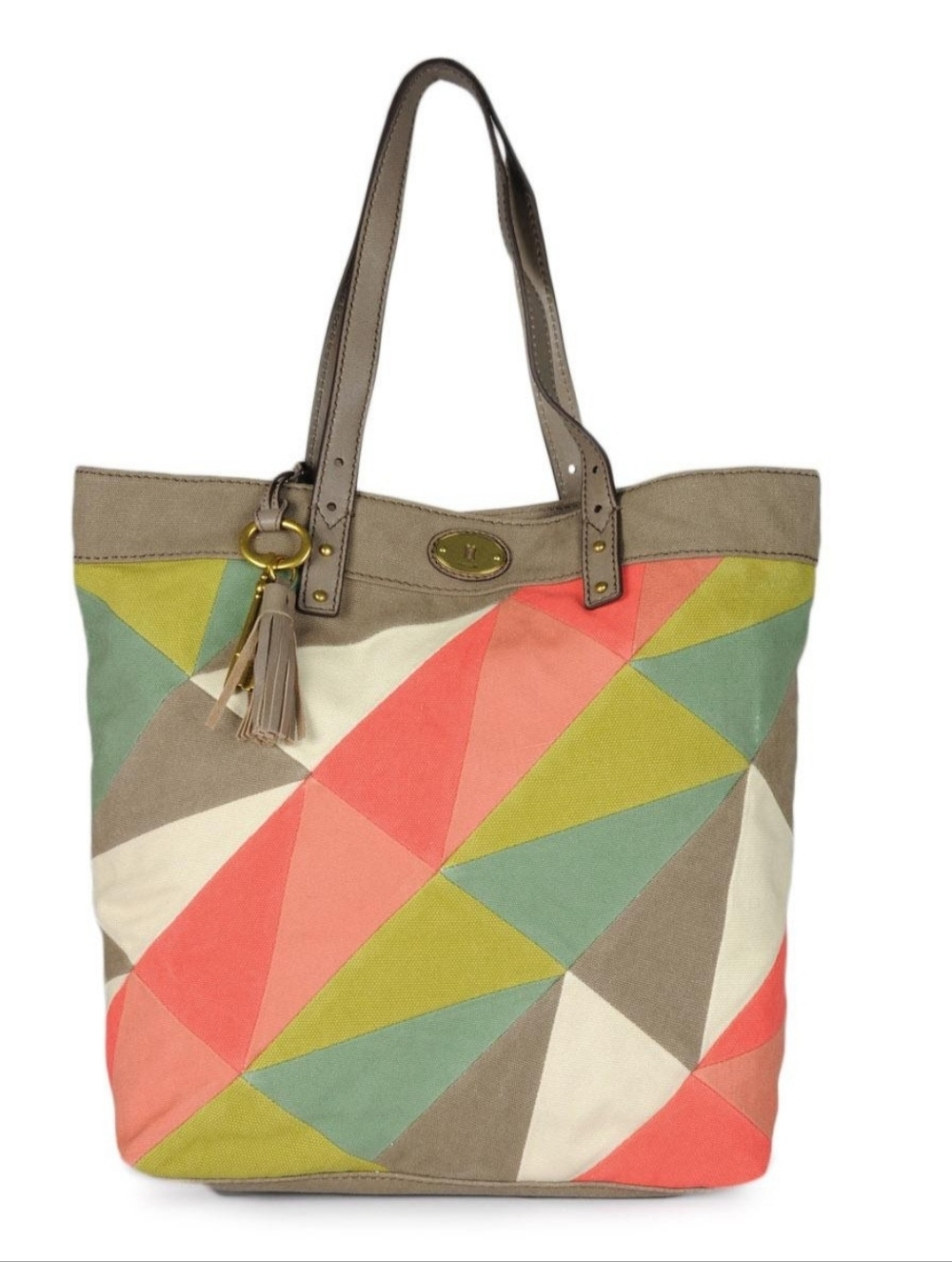 Fossil Canvas Geo Patchwork Tote Bag in Coral, Olive & Taupe